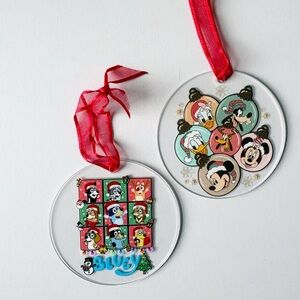 Disney Christmas Clear Acrylic Ornaments with Red Ribbon NWOT